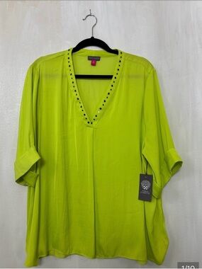 Vince Camuto Modern Imprint Tunic Top Blouse Lime Chrome XXL
